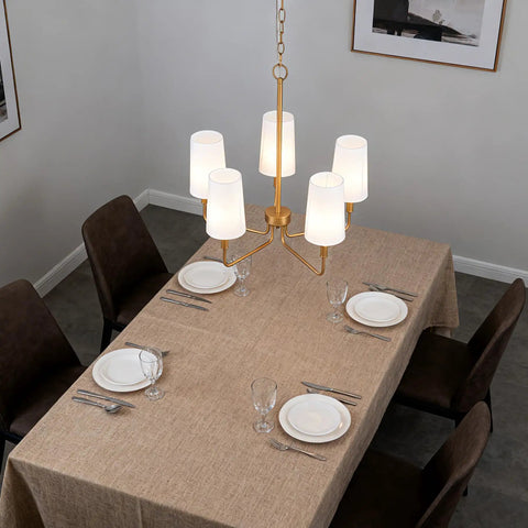 Muted Gold Chandelier With White Fabric Shades For Modern Farmhouse Linear Island Lighting In Kitchen And Dining Room, 5-Light Fixture