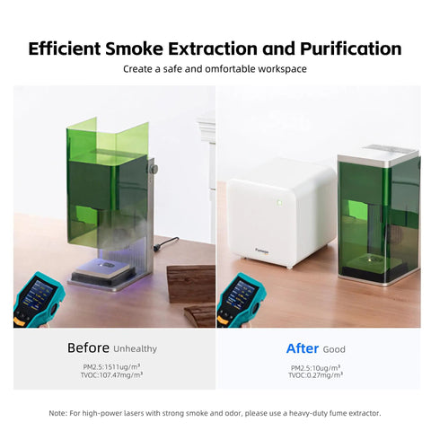 Before and after using Laser Fume Extractor For Under 10W Engravers Like F1 F2 Lumos LP2 LP4, Quiet 106 CFM Smoke Purifier