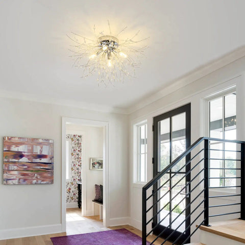 4 Light Crystal Sputnik Ceiling Fixture Chrome Finish Semi Flush Mount in modern entryway with G9 LED bulbs, 9.5 x 17.7 inches