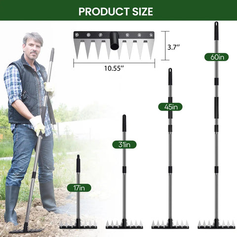 Ultra Sharp Serrated Stainless Steel Weeding Tool With Saw Blade And Four Section Detachable Handle for various lengths shown