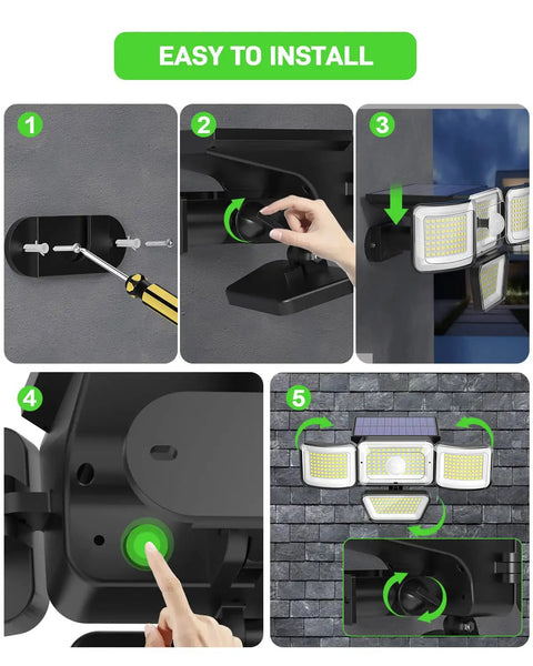 Installation steps for Solar Motion Sensor Outdoor Lights 278 LED 3000 Lumen IP65 Waterproof with remote control and lighting modes.