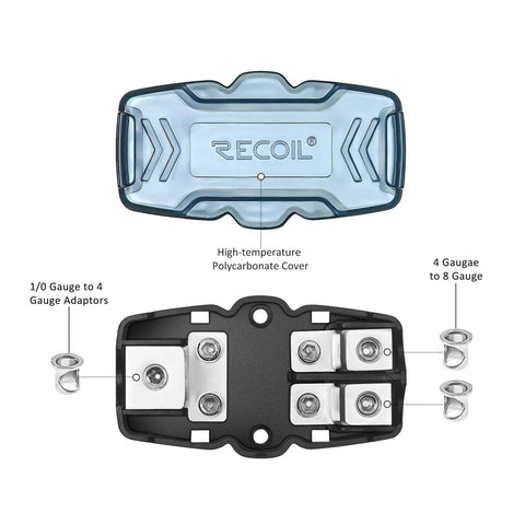 Heavy Duty Fuse Distribution Combo Block For Dual Amplifier Ground Wiring Zero To Four Gauge Input with durable polycarbonate cover