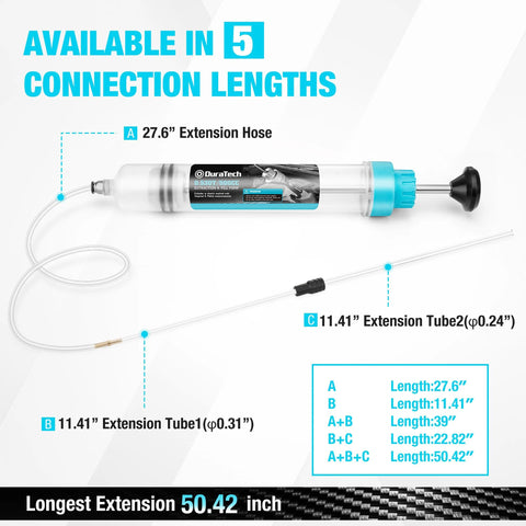 DURATECH 500cc brake fluid extractor with 27.6in extension hose and two 11.41in extension tubes for automotive suction pump