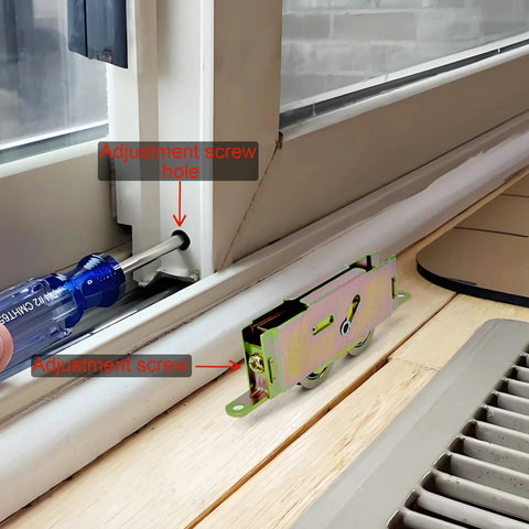 Tandem Replacement Sliding Patio Door Rollers Kit with 1-1/4 Inch Steel Ball Bearing Wheels installed and being adjusted with screwdriver