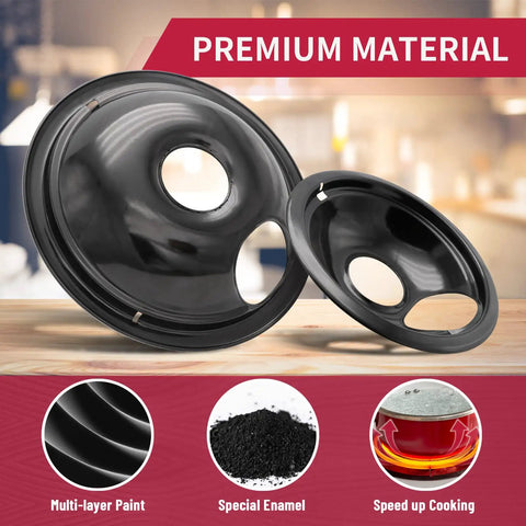 Stove Drip Pan Set For Electric Cooktops, 4 Heavy Duty Enamel Coated Drip Pans, Compatible With Frigidaire displayed on table