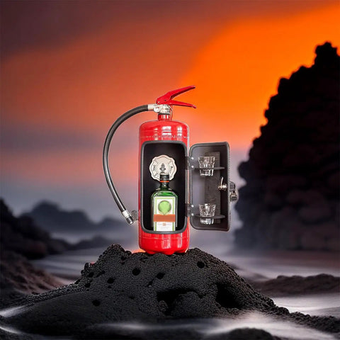 Fire Extinguisher Mini Bar With Concealed Liquor Cabinet To Stash Your Top Shelf Booze, red mini bar with liquor and glasses.