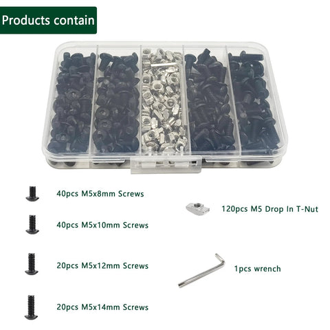 M5x8/10/12/14mm screws and M5 drop-in T-nuts kit for aluminum extrusion in a clear plastic box; 120 T-nuts, hex wrench