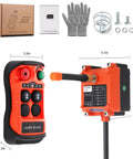 Front view of a 2-channel wireless crane remote set: orange handheld transmitter and orange receiver with mounting hardware.