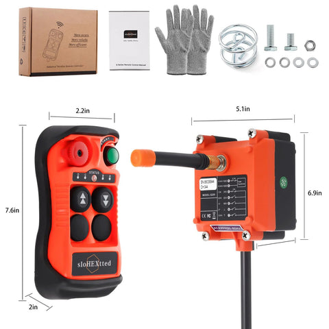 Front view of a 2-channel wireless crane remote set: orange handheld transmitter and orange receiver with mounting hardware.