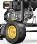 Heavy Duty Gas Pressure Washer That Whips Dirty Decks And Driveways Clean In Seconds With 3500 PSI And 2.6 GPM close-up of engine and wheel