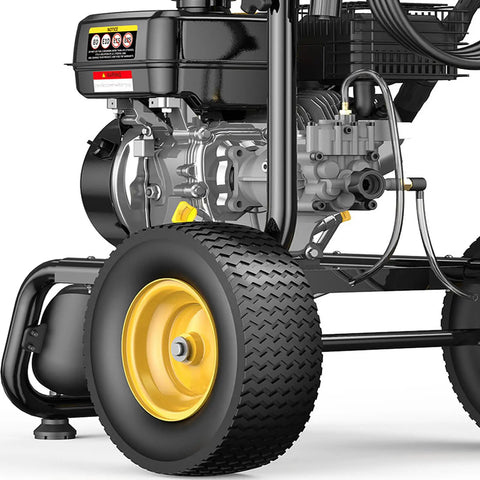 Heavy Duty Gas Pressure Washer That Whips Dirty Decks And Driveways Clean In Seconds With 3500 PSI And 2.6 GPM close-up of engine and wheel