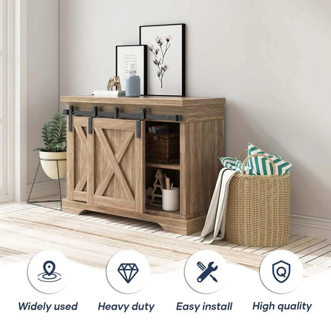 Wooden cabinet with installed 3 Ft Mini Cabinet Bypass Barn Door Hardware Kit With Single Track, decorative items on top