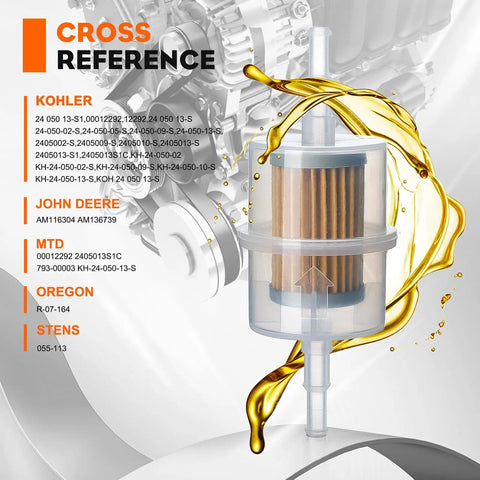 15 Micron Fuel Filter Replacement For Kohler Engines with cross-reference list, visible oil splash and engine diagram