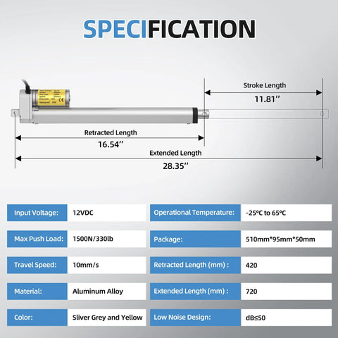 Beefy 12V Electric Actuator Heavy Duty Linear Lift With 12 Inch Stroke 330Lb Max Load Fast 10mm Per Second specs