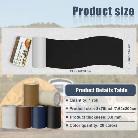 3 By 79 Inch Nylon Repair Patch Self Adhesive Fabric Tape For Tent Umbrella Down Jacket Sleeping Bag Backpack Knapsack Gear Outdoor Camping Ripstop Patch Kit black roll and box display