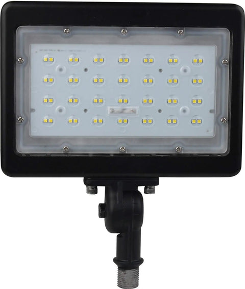 Front view of Six Pack Durable Led Outdoor Flood Lights Bringing Hella Serious Visibility To Any Space With Dependable 50 Watt Daylight Power And Vintage Bronze Casing Built For Smooth Patio Yard Garage Lot Mounting.