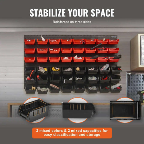 48 Bin Wall Mounted Storage Bins Rack Organizer for garage and DIY shop tools holding screws, nuts, bolts, and craft items.