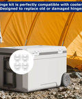 4 Pack Cooler Hinges Replacement Kit With Storage Box installed on ice chest near tent, showing durable plastic hinges.