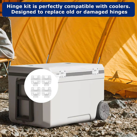 4 Pack Cooler Hinges Replacement Kit With Storage Box installed on ice chest near tent, showing durable plastic hinges.