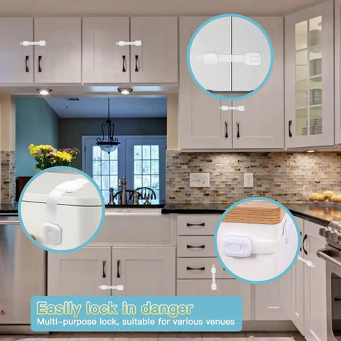 Kitchen showing Easy Install No Drill Baby Proof Cabinet Locks Set for cabinets drawers fridge oven and more adjustable strap child safety locks with 3M adhesives 10 pack great for toddlers and curious kids.