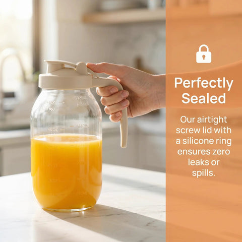 Hand holding 2 Quart Glass Pitcher With Filter Lid Airtight Leakproof 64 Oz Cold Water Jug in kitchen with orange juice