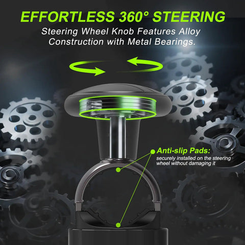 Illustration of Tool Free Steering Wheel Knob Spinner with Metal Bearing highlighting 360° rotation and anti-slip pads.