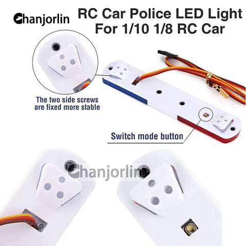 One Tenth RC Police Lights LED Flashing Lamp Kit with Nine Modes, blue and red, showing screws and switch on white base.