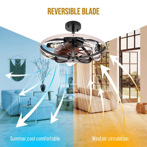 20 Inch Farmhouse Caged Ceiling Fan With Lights And Remote showing reversible blade function and airflow, in a living room setting.