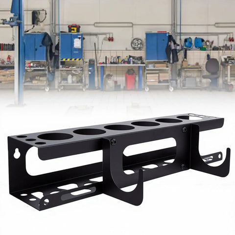 Caulking Gun Holder Wall Mount Rack With Storage For One Gun Six Tubes And Six Nozzles in a garage workshop setting