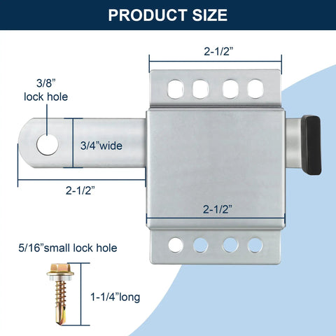 Product size dimensions for 4 Pack Heavy Duty Galvanized Steel Garage Door Side Lock Latch Inside Double Deadbolt Assembly.
