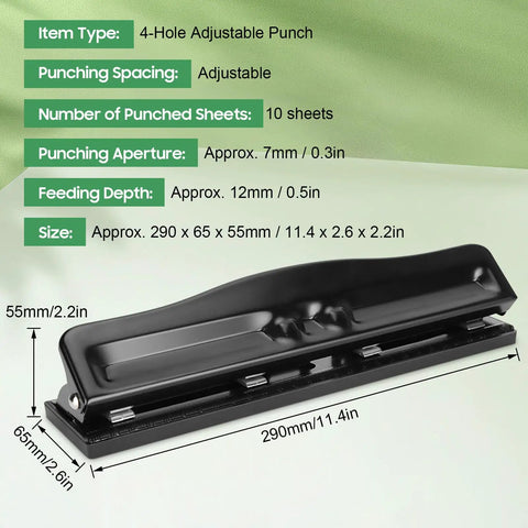 Ultra Compact 4 Hole Paper Punch For A4 Refills 6mm Hole Diameter 10 Sheet Capacity Portable Manual Desk Puncher dimensions