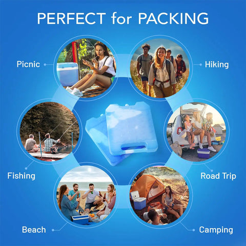 Image of Reusable Ice Packs for Cooler With Handle, 2 Pack, showing camping, fishing, hiking, road trip, beach, and picnic use