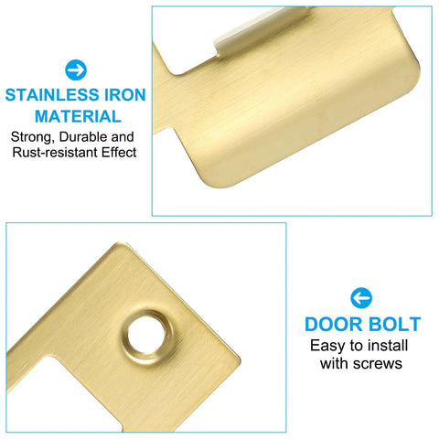 Gold Stainless Steel Door Strike Plate T Strike Backplate with screws for interior and exterior doors, showing corrosion resistance.