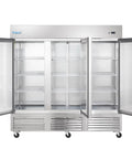 Top Shelf Heavy Duty Commercial Reach In Freezer With Three Solid Swing Doors And Rust Proof Stainless Steel Build Keeping Your Backroom Stock Chillin Smooth For Grocers Neighborhood Delis And Quick Stops 66 Cubic Feet 115 Volt Setup, open with shelves visible.