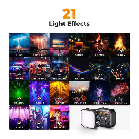RGB Video Light 360 Degree Full Color Portable Photography Light For Vlogging And Selfies With 21 Effects 2500K To 9900K Cri 96 Plus LED Camera Light Go-To Setup For Cameras 2000mAh Rechargeable Battery Black showing 21 lighting effects.
