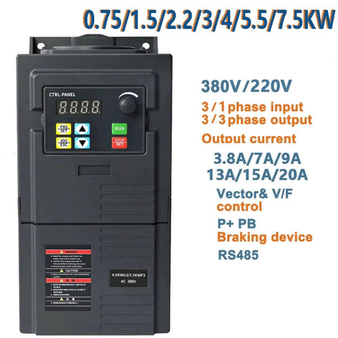 Pro Variable Frequency Drive Inverter 1.5 Kw To 7.5 Kw 220V 380V Three Phase Motor Speed Control Unit Vfd With Beefy Soft Start And Rs485 For Industrial Heavy Duty Machinery Easy Install Reliable Controller Perfect For Production Lines. black control panel front view