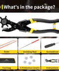 Long Handle Revolving Leather Hole Punch Kit for belts with ruler, grinding rod, screwdriver, tool bag, protective covers, instructions