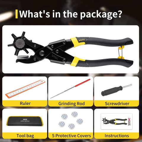 Long Handle Revolving Leather Hole Punch Kit for belts with ruler, grinding rod, screwdriver, tool bag, protective covers, instructions