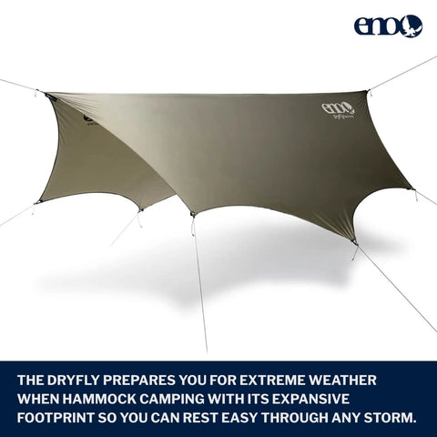 DryFly Rain Tarp Ultralight Hammock Shelter For Camping And Backpacking, showing spacious design with weather resistance.
