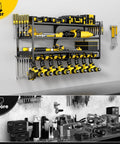 Large Power Tool Organizer Wall Mount Four Layer Beefy Heavy Duty Steel Rack With 400lbs Capacity Battery Storage And Eight Cordless Drill Holders For Garage Workshop, showing organized tools on rack.