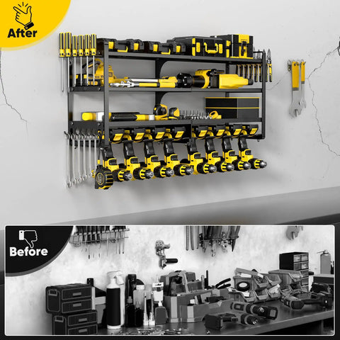 Large Power Tool Organizer Wall Mount Four Layer Beefy Heavy Duty Steel Rack With 400lbs Capacity Battery Storage And Eight Cordless Drill Holders For Garage Workshop, showing organized tools on rack.