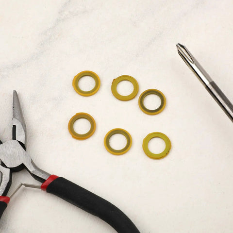 Six Pack Gearcase Drain Plug Seal Washer Gaskets For Mercury Outboard Motors 6 Pcs Rubber Iron Construction Marine Grade Seals For Leak Free Fit And Easy Replacement, six yellow gaskets with pliers