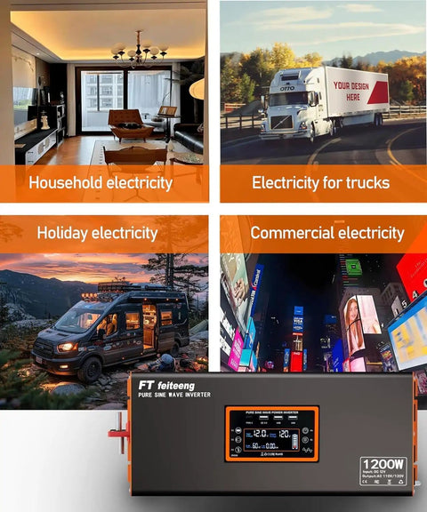 12V To 110V Pure Sine Wave Car Inverter With Type C Port Dual AC Outlets 3 USB Ports LCD Display powering various devices.