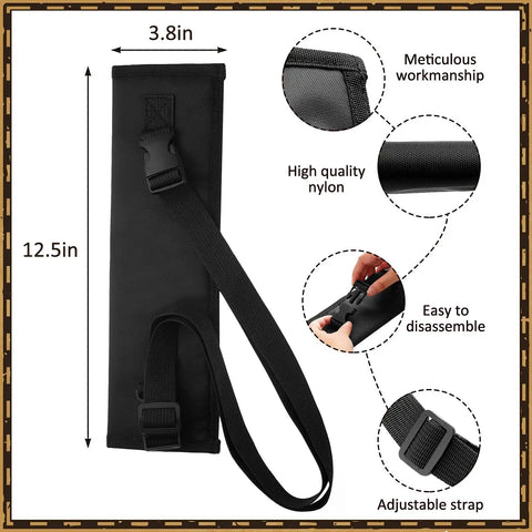 Two Piece Black Katana Sword Bag Kit With Back Strap And Waistband showing nylon holster, adjustable strap, and dimensions