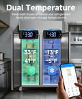 Top Shelf Commercial Fridge And Freezer Combo With Wifi Smart Control Dual Zone 36 Cu Ft view displaying digital temperatures for each zone.