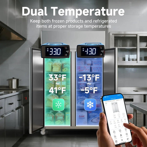 Top Shelf Commercial Fridge And Freezer Combo With Wifi Smart Control Dual Zone 36 Cu Ft view displaying digital temperatures for each zone.