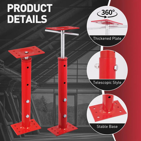 Four Pack Adjustable House Jacks For Floor Leveling And Crawlspace Support Built Like A Tank Heavy Duty Rust Proof Steel Prop 19 To 36 Inches Range, showing thickened plate and telescopic style.