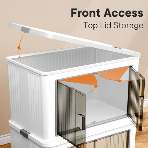 Stackable Storage Bins With Individual Lids And Front Doors On Wheels For Quick Grab And Go Use Together Or Separately For Clothes Blankets Towels And Light Household Items, showing open top lid