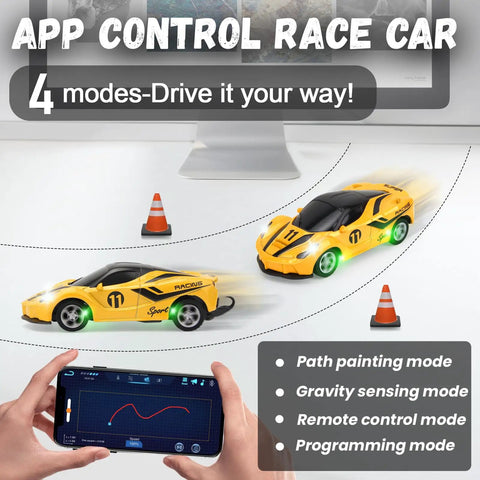 Mini One Sixty Four Scale RC Car With 2.4GHz Remote Control And 3 Speed Modes Rechargeable Desktop Toy Race Car Gift For Boys Ages Four To Twelve Yellow in racing setup with smartphone control, cones, and racing track.