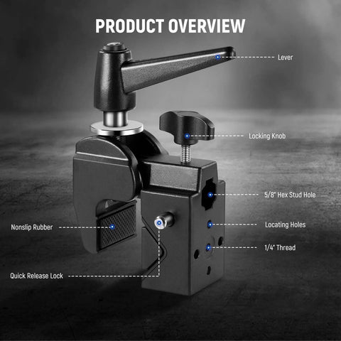 NEEWER camera super clamp with 5/8 inch stud, black metal, for photography lighting mounting, 33 lb max